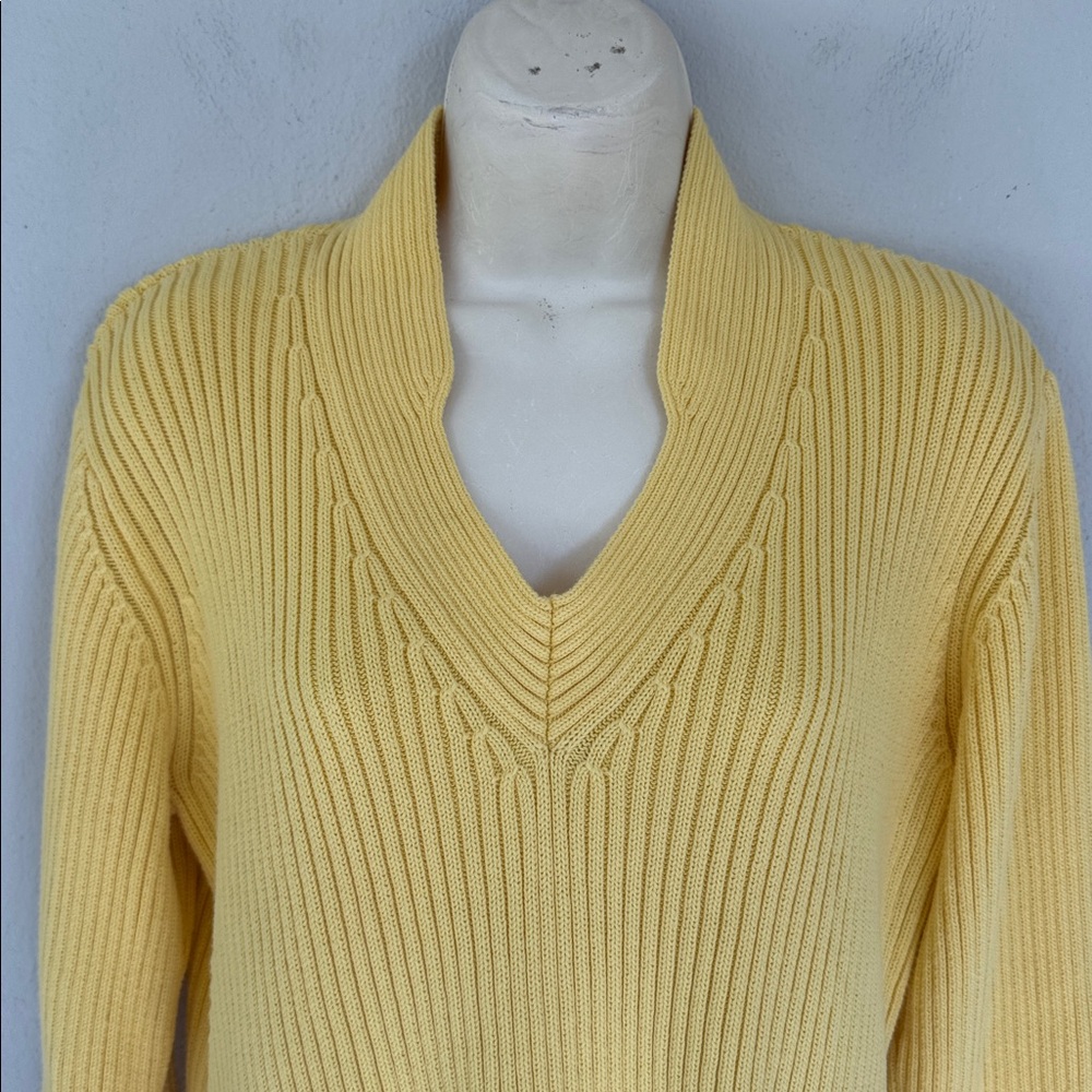 Vintage Y2K Liz Claiborne bright yellow ribbed knit notch neckline sweater large - Picture 3 of 13